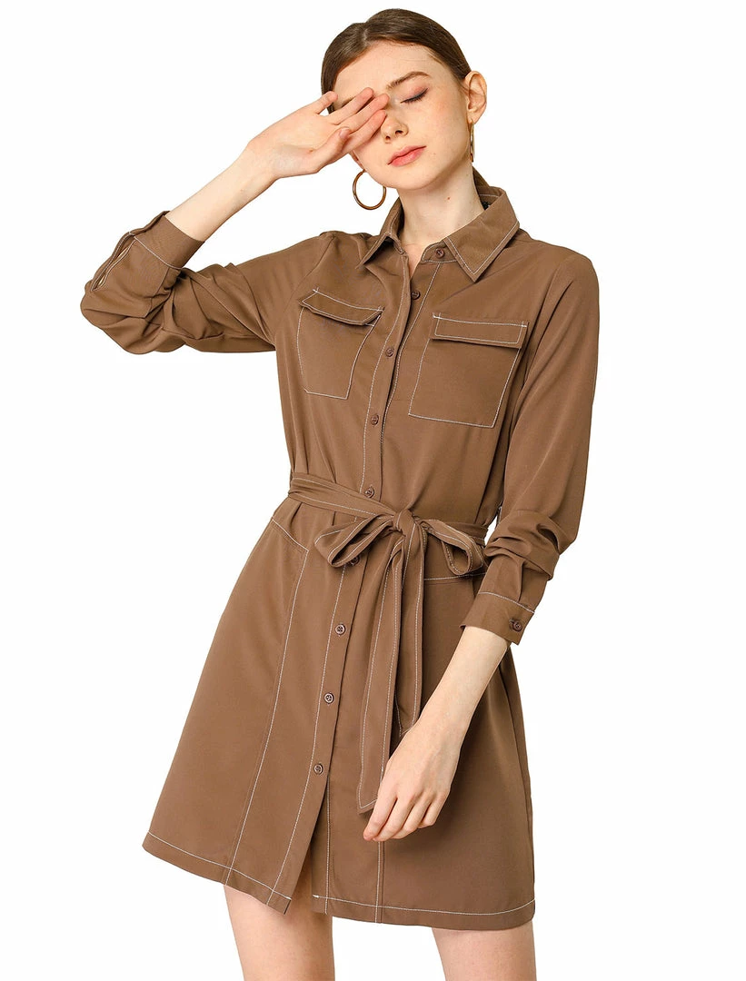 Allegra K Contrast Stitch Button Up Belted Long Sleeves Shirt Dress 10 Allegra K Contrast Stitch Button Up Belted Long Sleeves Shirt Dress