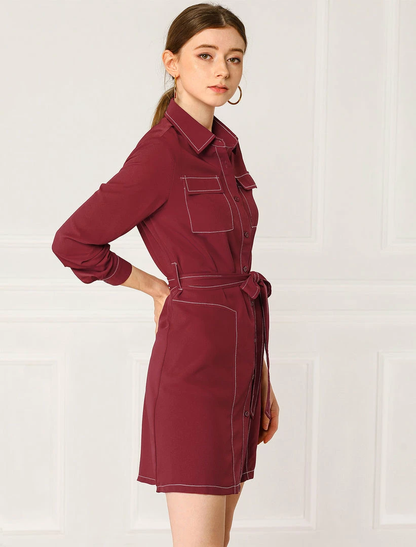 Allegra K Contrast Stitch Button Up Belted Long Sleeves Shirt Dress 5 Allegra K Contrast Stitch Button Up Belted Long Sleeves Shirt Dress