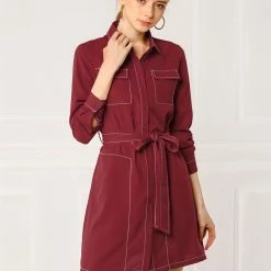 Allegra K Contrast Stitch Button Up Belted Long Sleeves Shirt Dress 30 Allegra K Contrast Stitch Button Up Belted Long Sleeves Shirt Dress