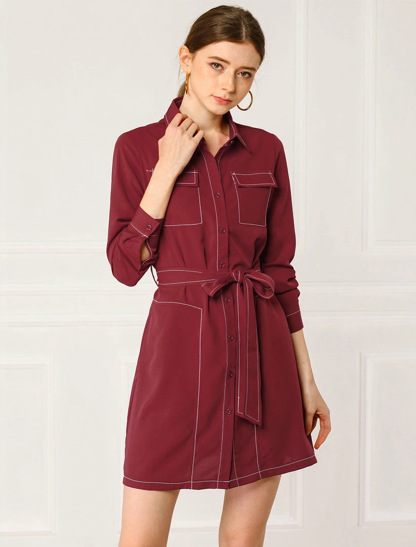 Allegra K Contrast Stitch Button Up Belted Long Sleeves Shirt Dress 6 Allegra K Contrast Stitch Button Up Belted Long Sleeves Shirt Dress