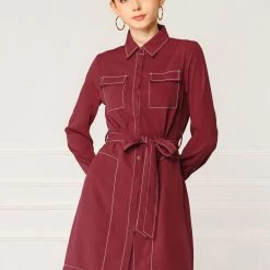 Allegra K Contrast Stitch Button Up Belted Long Sleeves Shirt Dress 31 Allegra K Contrast Stitch Button Up Belted Long Sleeves Shirt Dress