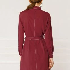 Allegra K Contrast Stitch Button Up Belted Long Sleeves Shirt Dress 32 Allegra K Contrast Stitch Button Up Belted Long Sleeves Shirt Dress
