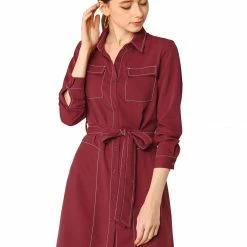 Allegra K Contrast Stitch Button Up Belted Long Sleeves Shirt Dress