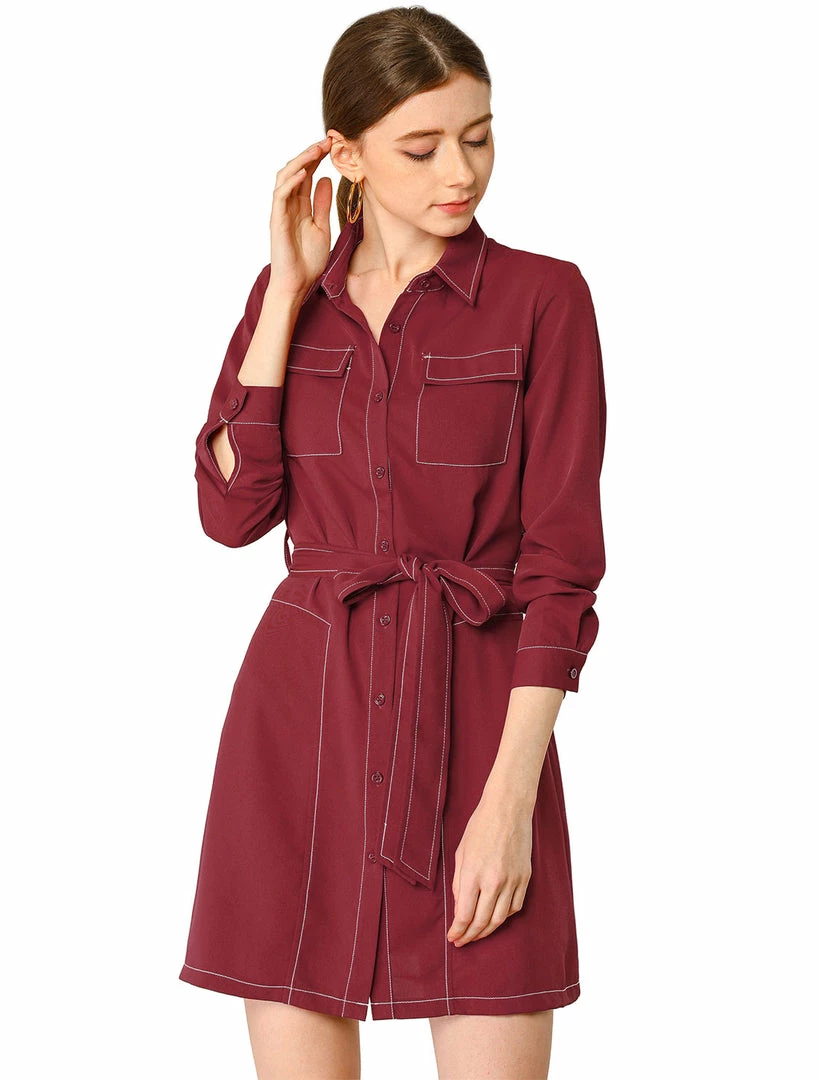 Allegra K Contrast Stitch Button Up Belted Long Sleeves Shirt Dress 4 Allegra K Contrast Stitch Button Up Belted Long Sleeves Shirt Dress