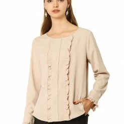 Allegra K Women's Work Office Ruffled Blouses Elegant Fall Long Sleeve Tops