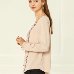 Allegra K Women's Work Office Ruffled Blouses Elegant Fall Long Sleeve Tops