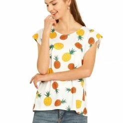 Allegra K Women's Pineapple Fruit Printed Crew Neck Cap Sleeve Top