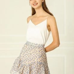 Allegra K Women's Ruffled Floral Print Skirt Elastic High Waist A-Line Sweet Layer Short Mini Skirts