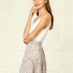 Allegra K Women's Ruffled Floral Print Skirt Elastic High Waist A-Line Sweet Layer Short Mini Skirts