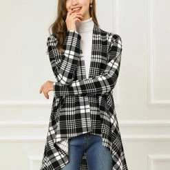 Allegra K Women Handkerchief Hem Open Front Plaids Cardigan
