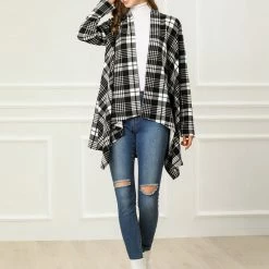 Allegra K Women Handkerchief Hem Open Front Plaids Cardigan