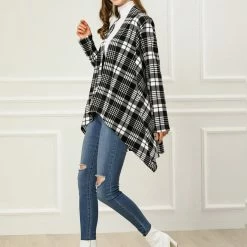 Allegra K Women Handkerchief Hem Open Front Plaids Cardigan