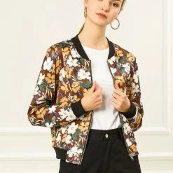Allegra K 8127 Women Stand Collar Zip Up Floral Prints Bomber Jacket
