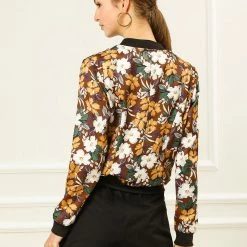 Allegra K 8127 Women Stand Collar Zip Up Floral Prints Bomber Jacket