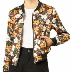 Allegra K 8127 Women Stand Collar Zip Up Floral Prints Bomber Jacket