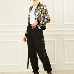 Allegra K 8127 Women Stand Collar Zip Up Floral Prints Bomber Jacket