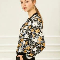 Allegra K 8127 Women Stand Collar Zip Up Floral Prints Bomber Jacket