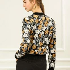 Allegra K 8127 Women Stand Collar Zip Up Floral Prints Bomber Jacket