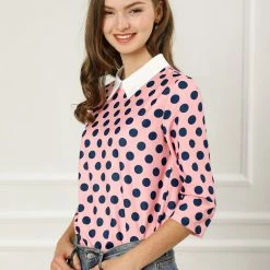 Allegra K Women 3/4 Sleeves Contrast Collar Polka Dots Blouse Tops 93 Allegra K Women 3/4 Sleeves Contrast Collar Polka Dots Blouse Tops