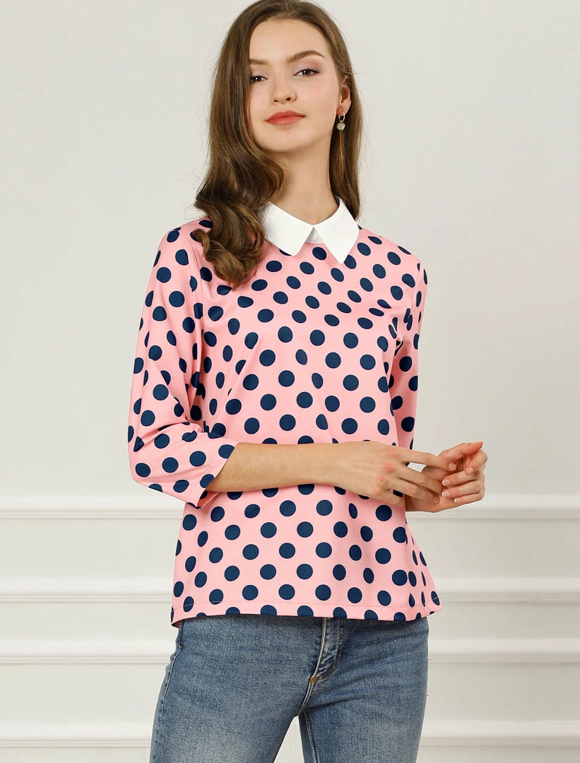 Allegra K Women 3/4 Sleeves Contrast Collar Polka Dots Blouse Tops 29 Allegra K Women 3/4 Sleeves Contrast Collar Polka Dots Blouse Tops