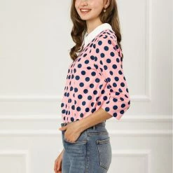 Allegra K Women 3/4 Sleeves Contrast Collar Polka Dots Blouse Tops 95 Allegra K Women 3/4 Sleeves Contrast Collar Polka Dots Blouse Tops