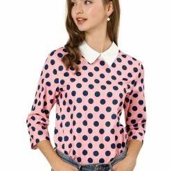 Allegra K Women 3/4 Sleeves Contrast Collar Polka Dots Blouse Tops 92 Allegra K Women 3/4 Sleeves Contrast Collar Polka Dots Blouse Tops