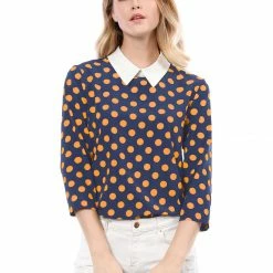 Allegra K Women 3/4 Sleeves Contrast Collar Polka Dots Blouse Tops 88 Allegra K Women 3/4 Sleeves Contrast Collar Polka Dots Blouse Tops