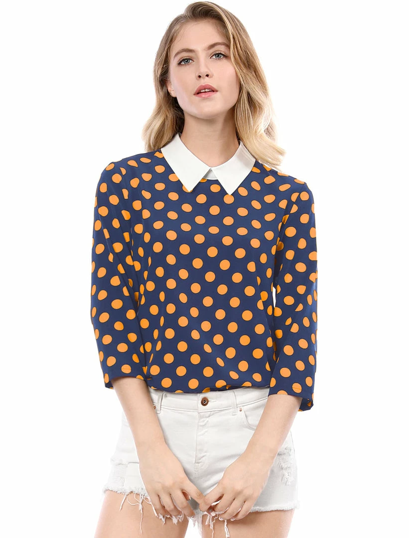 Allegra K Women 3/4 Sleeves Contrast Collar Polka Dots Blouse Tops 23 Allegra K Women 3/4 Sleeves Contrast Collar Polka Dots Blouse Tops