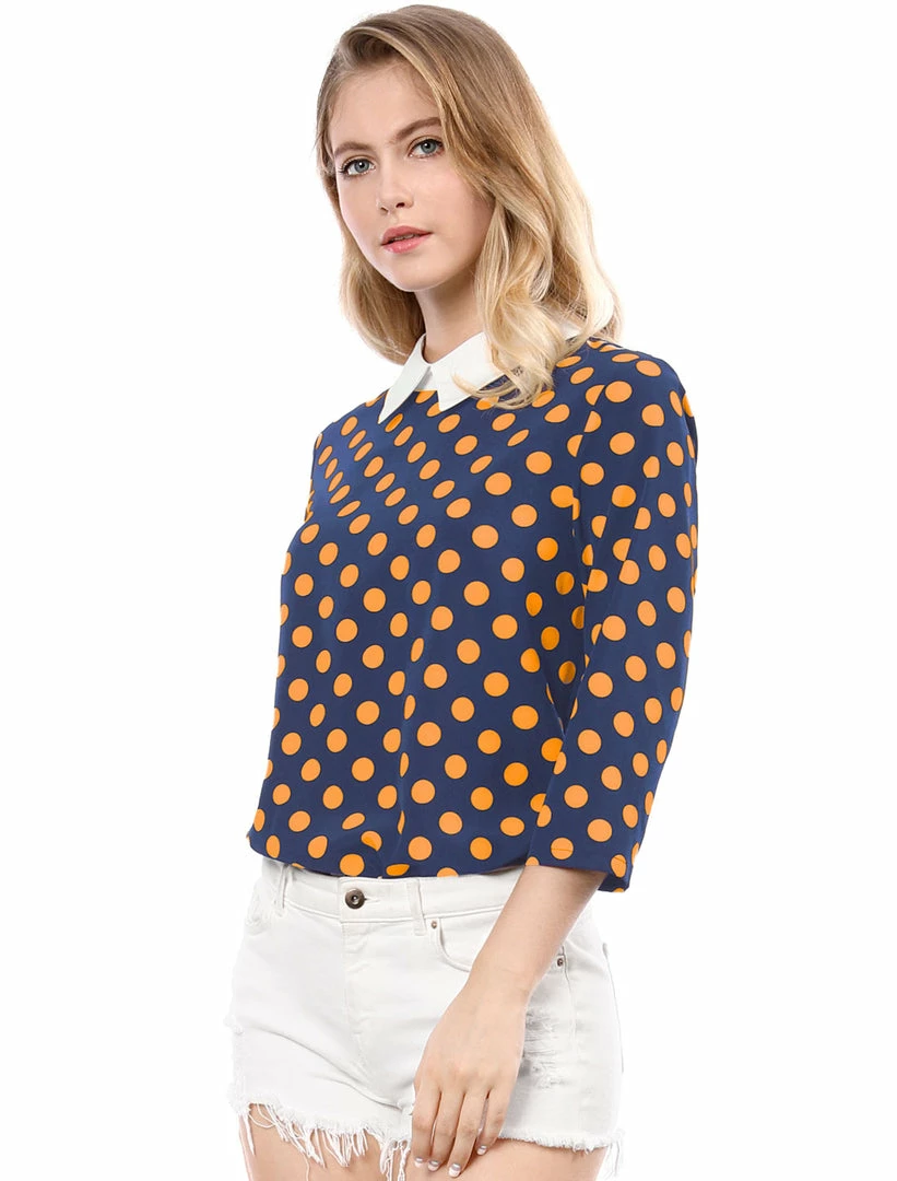 Allegra K Women 3/4 Sleeves Contrast Collar Polka Dots Blouse Tops 24 Allegra K Women 3/4 Sleeves Contrast Collar Polka Dots Blouse Tops