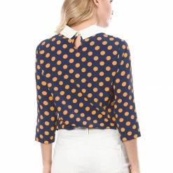 Allegra K Women 3/4 Sleeves Contrast Collar Polka Dots Blouse Tops 90 Allegra K Women 3/4 Sleeves Contrast Collar Polka Dots Blouse Tops