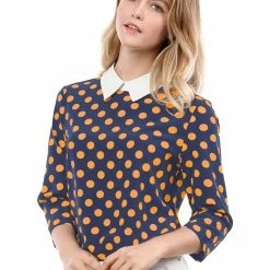 Allegra K Women 3/4 Sleeves Contrast Collar Polka Dots Blouse Tops 86 Allegra K Women 3/4 Sleeves Contrast Collar Polka Dots Blouse Tops