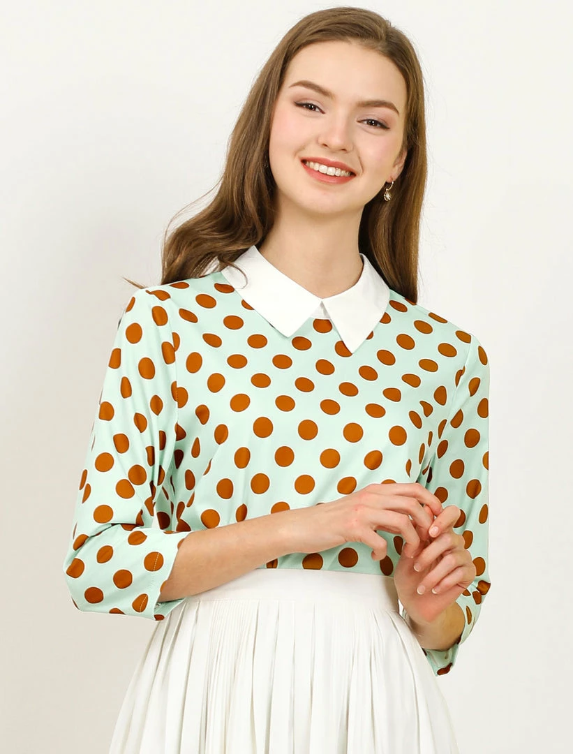 Allegra K Women 3/4 Sleeves Contrast Collar Polka Dots Blouse Tops 17 Allegra K Women 3/4 Sleeves Contrast Collar Polka Dots Blouse Tops