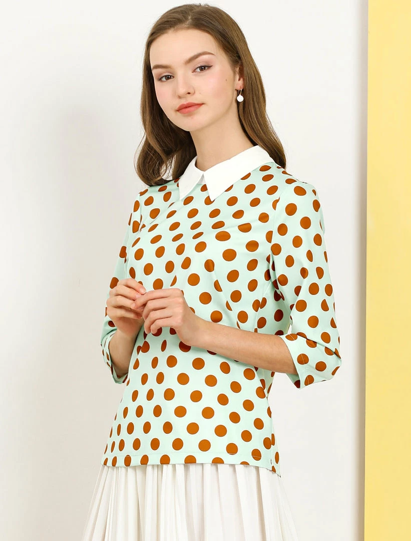 Allegra K Women 3/4 Sleeves Contrast Collar Polka Dots Blouse Tops 18 Allegra K Women 3/4 Sleeves Contrast Collar Polka Dots Blouse Tops