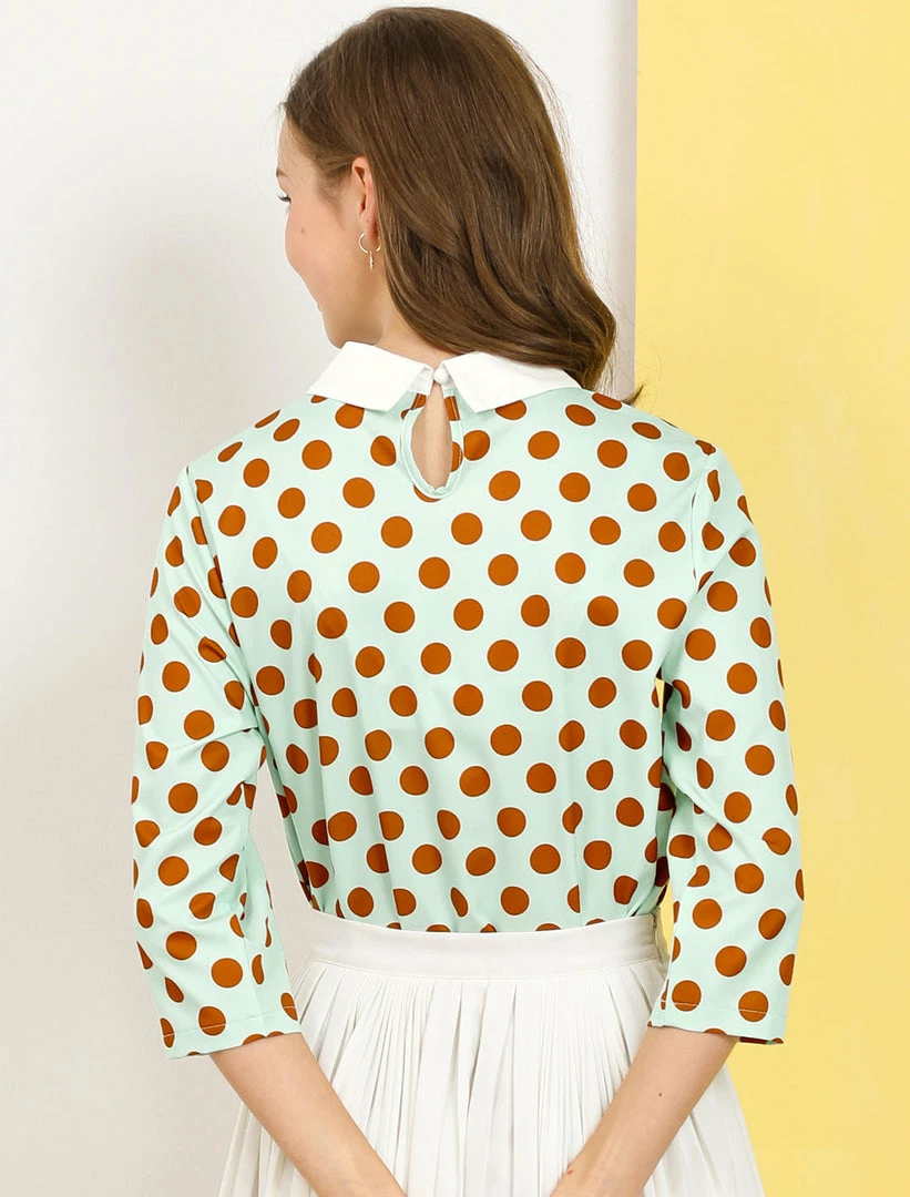 Allegra K Women 3/4 Sleeves Contrast Collar Polka Dots Blouse Tops 19 Allegra K Women 3/4 Sleeves Contrast Collar Polka Dots Blouse Tops