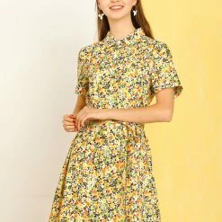 Allegra K Women's Floral Short Sleeve Casual Tie Waist Pocket Shirt Dress