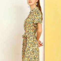 Allegra K Women's Floral Short Sleeve Casual Tie Waist Pocket Shirt Dress