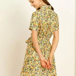 Allegra K Women's Floral Short Sleeve Casual Tie Waist Pocket Shirt Dress