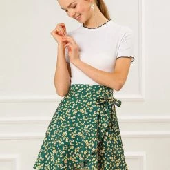 Allegra K Women's Ditsy Floral Print Faux Wrap High Waist Elastic Back Ruffle Hem A-Line Mini Short Skirts 34 Allegra K Women's Ditsy Floral Print Faux Wrap High Waist Elastic Back Ruffle Hem A-Line Mini Short Skirts