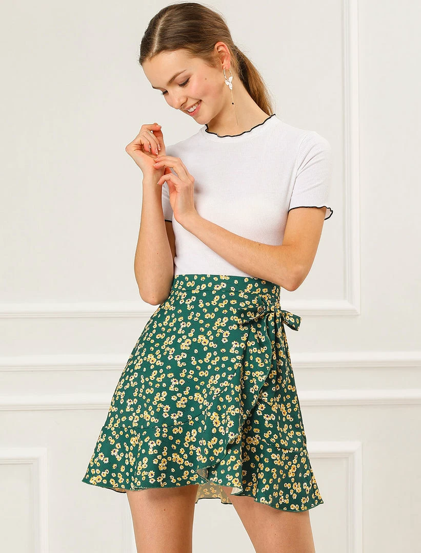 Allegra K Women's Ditsy Floral Print Faux Wrap High Waist Elastic Back Ruffle Hem A-Line Mini Short Skirts 17 Allegra K Women's Ditsy Floral Print Faux Wrap High Waist Elastic Back Ruffle Hem A-Line Mini Short Skirts