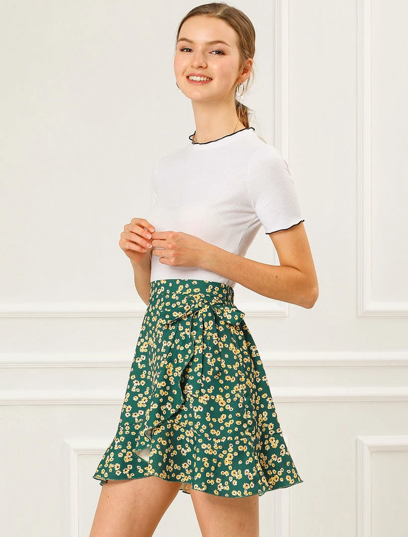 Allegra K Women's Ditsy Floral Print Faux Wrap High Waist Elastic Back Ruffle Hem A-Line Mini Short Skirts 18 Allegra K Women's Ditsy Floral Print Faux Wrap High Waist Elastic Back Ruffle Hem A-Line Mini Short Skirts