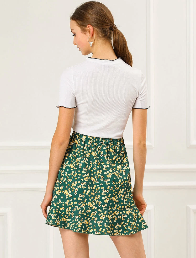 Allegra K Women's Ditsy Floral Print Faux Wrap High Waist Elastic Back Ruffle Hem A-Line Mini Short Skirts 19 Allegra K Women's Ditsy Floral Print Faux Wrap High Waist Elastic Back Ruffle Hem A-Line Mini Short Skirts