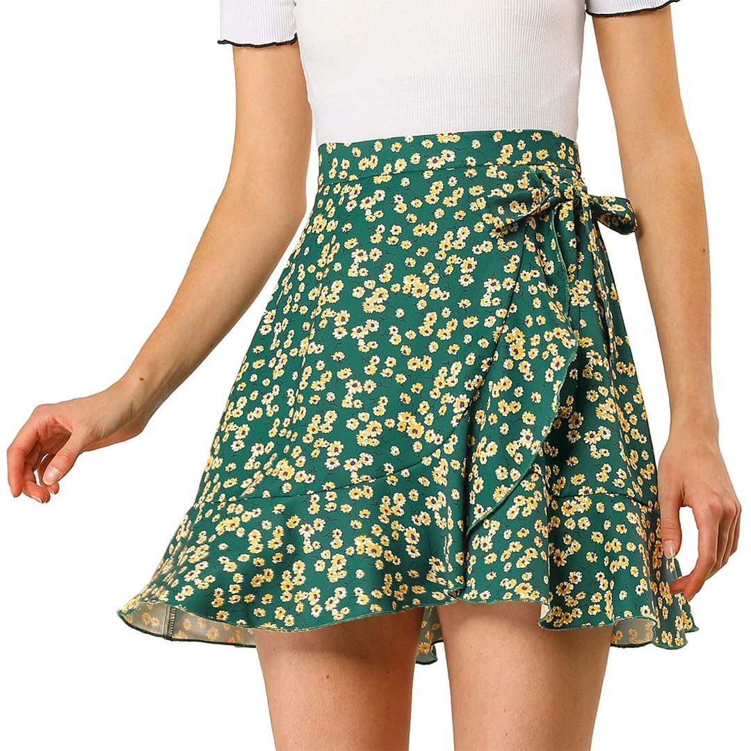 Allegra K Women's Ditsy Floral Print Faux Wrap High Waist Elastic Back Ruffle Hem A-Line Mini Short Skirts 15 Allegra K Women's Ditsy Floral Print Faux Wrap High Waist Elastic Back Ruffle Hem A-Line Mini Short Skirts