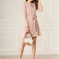 Allegra K Women's Tie Neck Keyhole Colorblock Belted Long Sleeve Straight Dress 21 Allegra K Women's Tie Neck Keyhole Colorblock Belted Long Sleeve Straight Dress