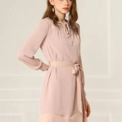 Allegra K Women's Tie Neck Keyhole Colorblock Belted Long Sleeve Straight Dress 22 Allegra K Women's Tie Neck Keyhole Colorblock Belted Long Sleeve Straight Dress