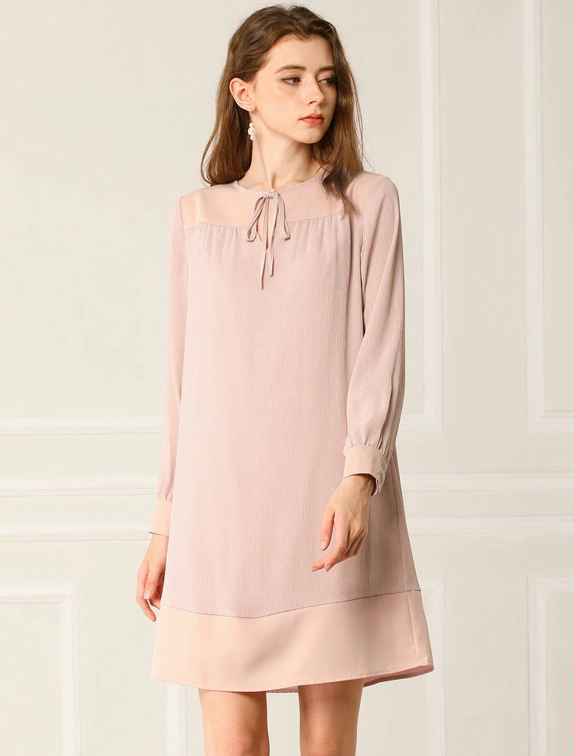 Allegra K Women's Tie Neck Keyhole Colorblock Belted Long Sleeve Straight Dress 13 Allegra K Women's Tie Neck Keyhole Colorblock Belted Long Sleeve Straight Dress