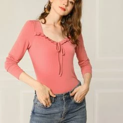 Allegra K Women's Casual Sweetheart Neck Solid Long Sleeves Fitted Top