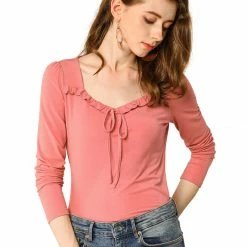 Allegra K Women's Casual Sweetheart Neck Solid Long Sleeves Fitted Top