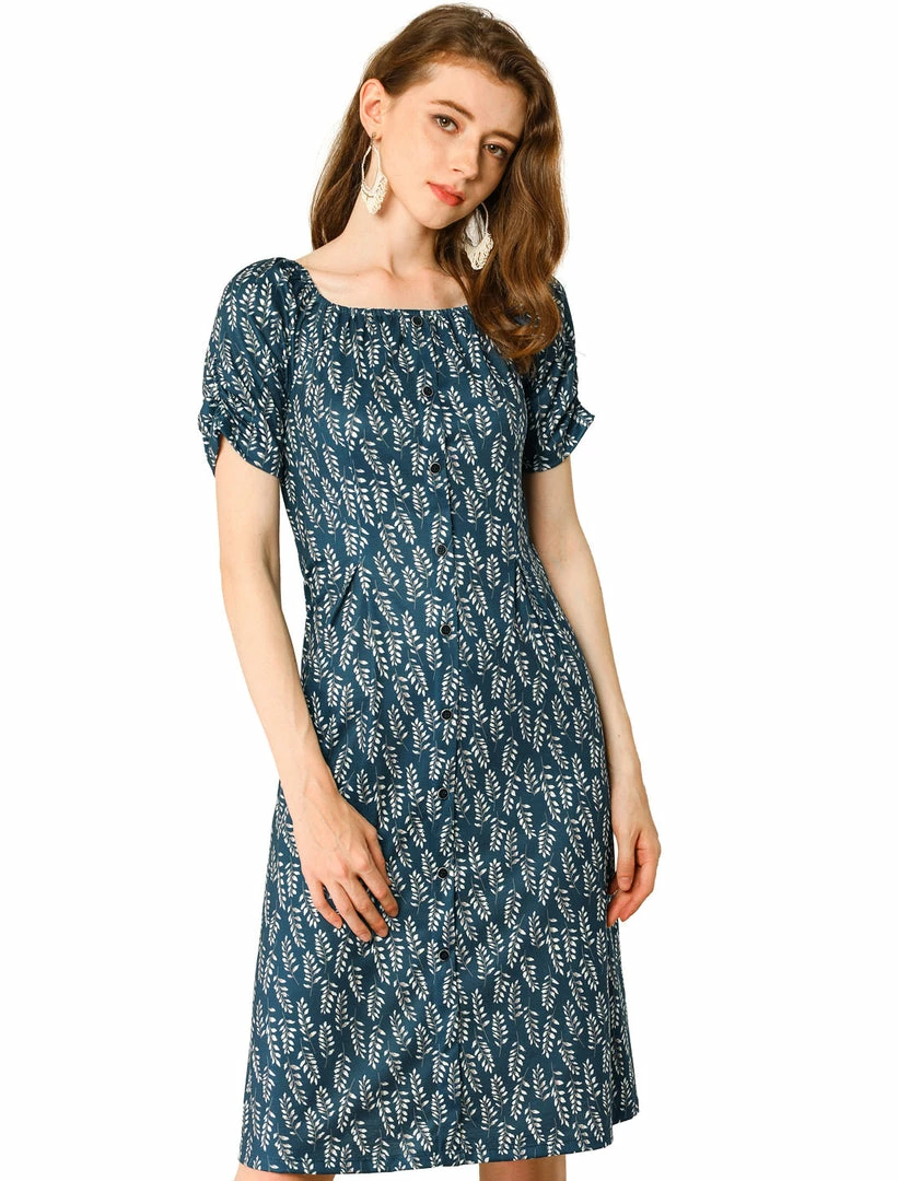 Allegra K Women's Pleated Waist Ruched Sleeve Floral Prints Flare Dress 15 Allegra K Women's Pleated Waist Ruched Sleeve Floral Prints Flare Dress