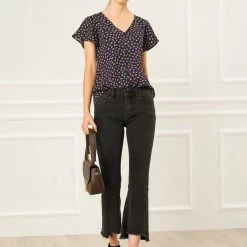 Allegra K Women's Ruffles Sleeve V Neck Button Up Polka Dot Print Blouse Top