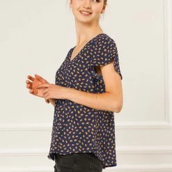 Allegra K Women's Ruffles Sleeve V Neck Button Up Polka Dot Print Blouse Top